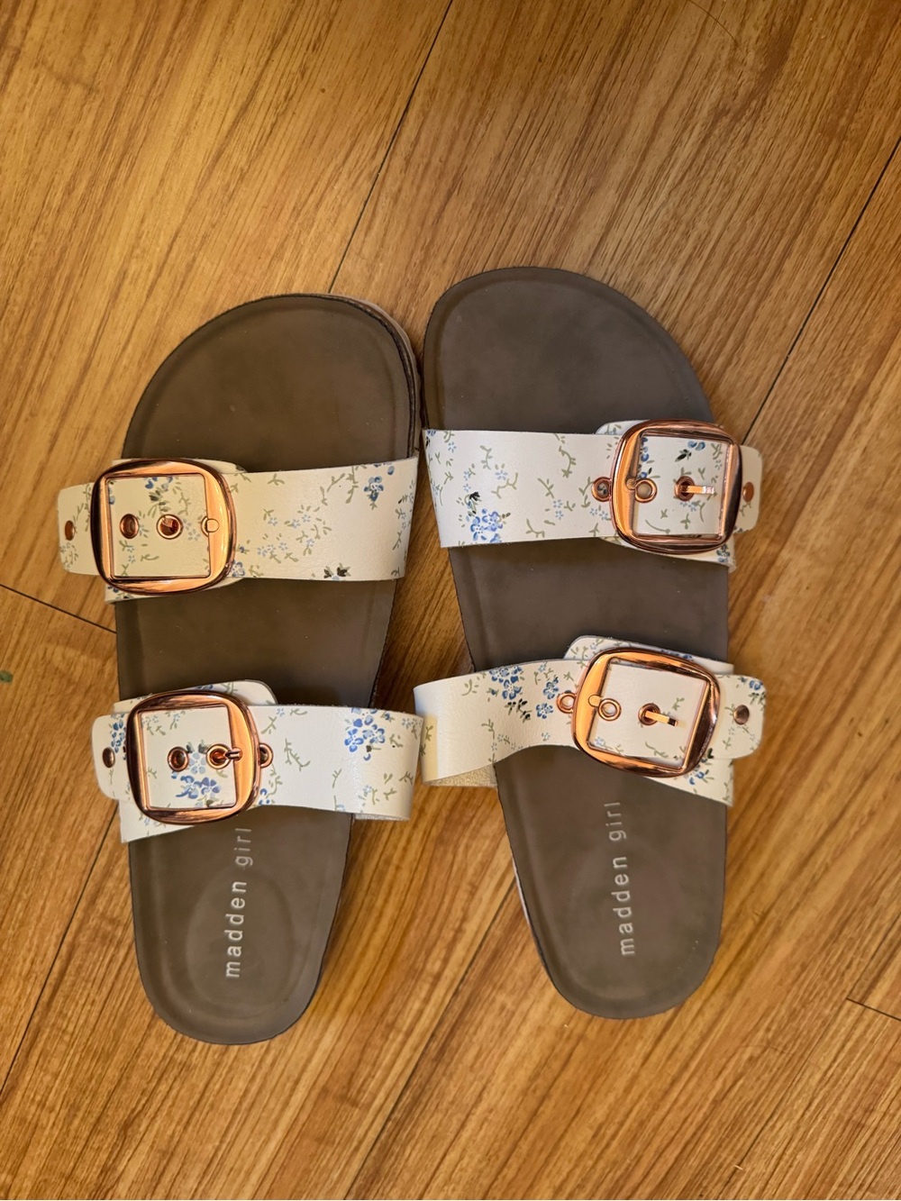 Madden Girl White Floral Slide Sandals with Rose Gold Buckles